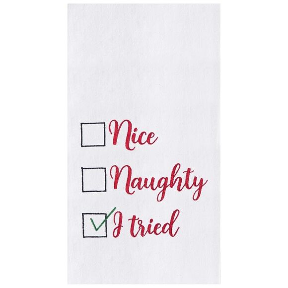Nice Naughty I Tried Christmas Holiday Embroidered Kitchen Flour Sack Dish Towel - Picture 1 of 4